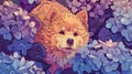 A little Chubby cute fluffy dog in the middle of a huge hydrangea, closeup