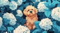 A little Chubby cute fluffy dog in the middle of a huge hydrangea, closeup