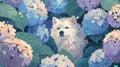 A little Chubby cute fluffy dog in the middle of a huge hydrangea, closeup