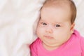 Little chubby rough newborn lying on her stomach on a white bed. The newborn is awake looking around in the room Royalty Free Stock Photo