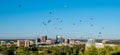 Many hot air balloons over the morning skyline of Boise Idaho Royalty Free Stock Photo
