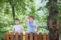 Little climber takes the rope bridge. Boy has fun time, kid climbing on sunny warm summer day