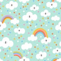 Little clouds and confetti rain on mint, vector pattern
