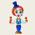 Little clown girl playing oranges