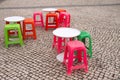 Little colored tables and seats for kids Porto Santo,Madeira, Portugal Royalty Free Stock Photo