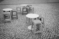 Little colored tables and seats for kids Porto Santo,Madeira, Portugal Royalty Free Stock Photo