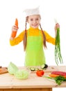 Little cooker with vegetables in hands