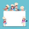 Little cooks. Cartoon children chef with big blank white banner. Cooking class students vector characters set