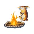 Little corgi puppy fries marshmallows over the fire. illustration is isolated on white background.