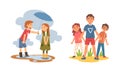 Little Courteous Boy Holding Umbrella Protecting Girl from Rain and Defending Weak Vector Set