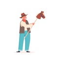 Little Cowboy with Toy Horse on Stick. Kid Wear Traditional Wild West Costume Jeans, Vest and Hat. Boy Western Personage