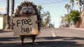 little crazy cute cartoon hedgehog holding a sign free hugs, Lets Hug, banner, copy space Royalty Free Stock Photo