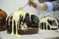 Little crib in the traditional chocolat italian christmas cake