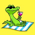 Little crocodile rest sand beach drink cocktail illustration cartoon Royalty Free Stock Photo