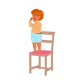 Little Crying Boy Standing on Chair Wiping Tears from Face Vector Illustration