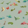 Little cubs dinosaurs. Pretty. Seamless background illustration. Cheerful kind animal baby dino. Cartoons flat style