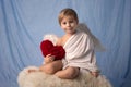 Little cupid toddle boy, holding bow and arrow, beautiful blond cherub