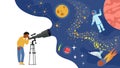 Little Curious Boy Look In Telescope, Child Studying Astronomy Watching on Moon, Stars Planets in Sky With Milky Way