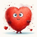 Little cute adorable cartoon personage with big red heart as greeting card for expession of love