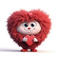 Little cute adorable cartoon personage with big red heart as greeting card for expession of love