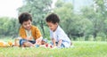 Little cute African American curly hair children boys sitting and have fun playing wooden blocks toy in green park together. Royalty Free Stock Photo