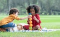 Little cute African children boy and girl sitting and have fun playing fruits building while picnic at park together. Lifestyle, Royalty Free Stock Photo