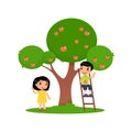 Children picks apples. Cute asian boy sits on the stairs, little girl stands next to an apple tree