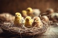 Little cute baby chicks in a bucket, playing at home, yellow newborn baby chicks Royalty Free Stock Photo