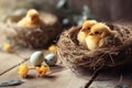 Little cute baby chicks in a bucket, playing at home, yellow newborn baby chicks