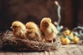 Little cute baby chicks in a bucket, playing at home, yellow newborn baby chicks Royalty Free Stock Photo