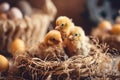 Little cute baby chicks in a bucket, playing at home, yellow newborn baby chicks Royalty Free Stock Photo