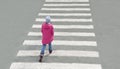 Little cute baby girl dressed in red jacket,  blue jeans, grey hat crosses the road at pedestrian crossing on cold day. Top view Royalty Free Stock Photo