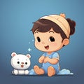 Little cute baby girl with her toy teddy bear sitting isolated on blue background cartoon illustration. Generative ai Royalty Free Stock Photo