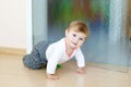 Little cute baby girl learning to crawl. Healthy child crawling in kids room. Smiling happy healthy toddler girl. Cute