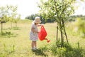 A little cute baby girl 3-4 years old in a dress watering the plants from a watering can in the garden. Kids having fun Royalty Free Stock Photo