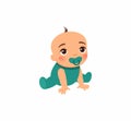 Little cute baby in green clothes. Baby with a pacifier in his mouth.