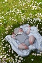 Little cute baby resting on the grass lawn with daisies Royalty Free Stock Photo