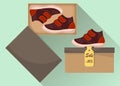 Little cute baby shoes in box, side view. Sale with a discount of 50 percent. Kid s casual brown boots. Illustration for a shoe st
