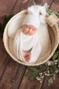 Little cute baby in a white blanket and White knitted cap in a wicker basket decorated with branches of needles and cotton