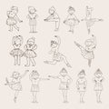 Little cute ballerina girls drawn in doodle style with various dance steps and emotions.