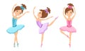 Little cute ballerinas in tutu dress and pointe dance. Vector cartoon dancing girls Royalty Free Stock Photo