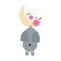 Little cute bat sleeping hanging on the moon. Adorable animal vector design, illustration