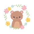 Little cute bear wreath flowers foliage cartoon animal