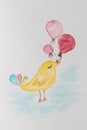 Little cute bird with balloons. Watercolor hand painted illustration for greeting card Royalty Free Stock Photo