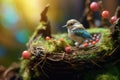 A little cute bird on a bird nest with colorful sparkly eggs is hidden on a branch. Generative AI