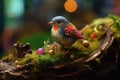 A little cute bird on a bird nest with colorful sparkly eggs is hidden on a branch. Generative AI