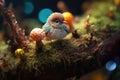 A little cute bird on a bird nest with colorful sparkly eggs is hidden on a branch. Generative AI