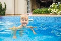 Little cute blonde girl swimming in a pool , wearing inflatable sleeves. She is smiling and happy Royalty Free Stock Photo