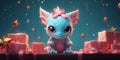 little cute blue dragon among boxes with gifts, banner, copy space