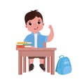 A little cute boy character at desk on lesson. Schoolboy goes study in junior school